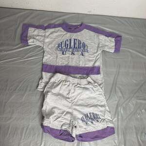Vintage 80s/90s Bugle Boy Kids Two Piece Shirt and Shorts Set Purple Neon